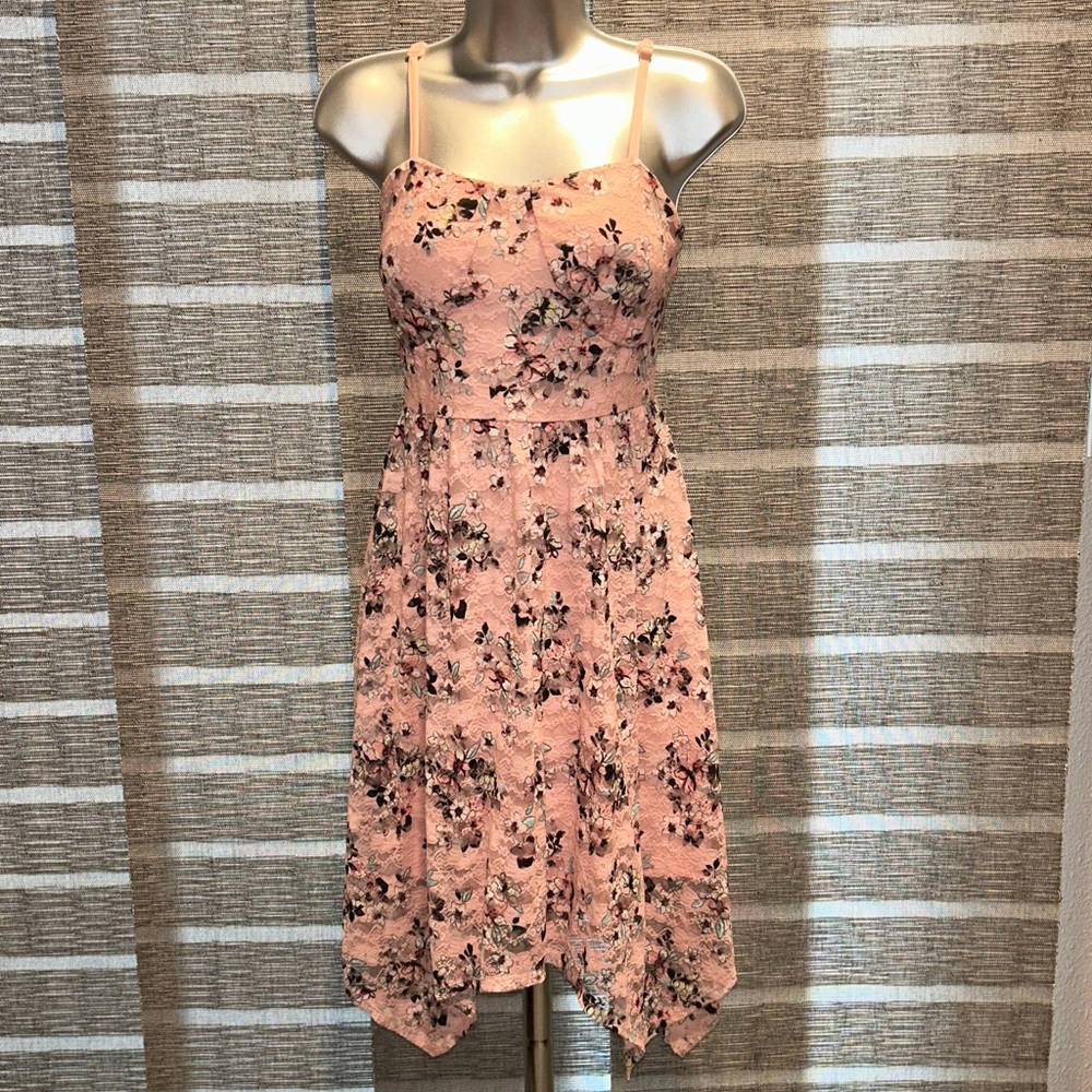 No Boundaries Pink Floral Lace Dress with open back and asymmetrical hemline